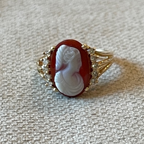 Antique❤️14K Gold❤️Diamond and Agate Cameo Portrait Statement Ring - Picture 7 of 12